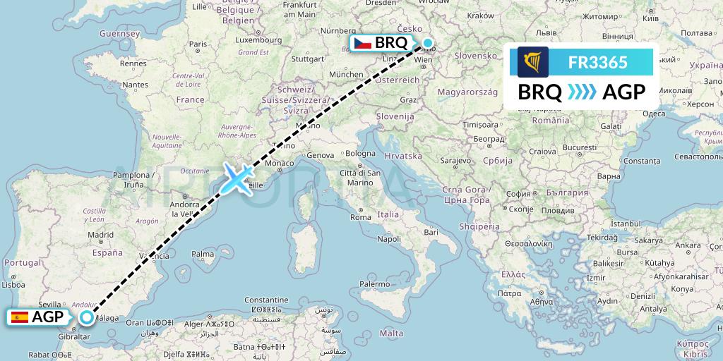 FR3365 Ryanair Flight Map: Brno to Malaga