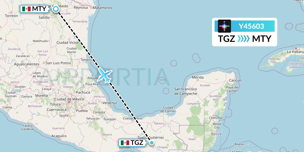 Y45603 Volaris Flight Map: Tuxtla Gutierrez to Monterrey