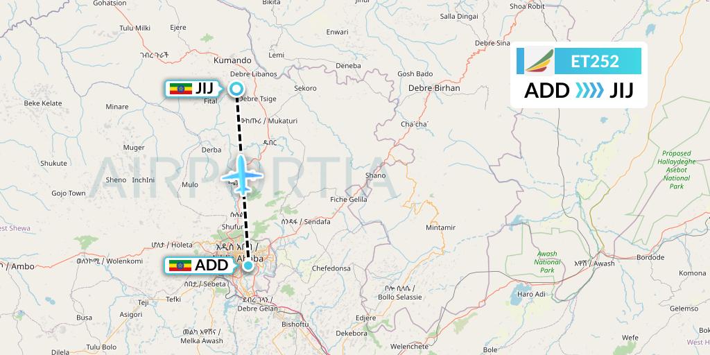 ET252 Ethiopian Airlines Flight Map: Addis Ababa to Jijiga