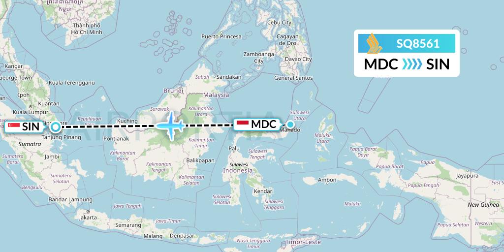 SQ8561 Singapore Airlines Flight Map: Manado to Singapore