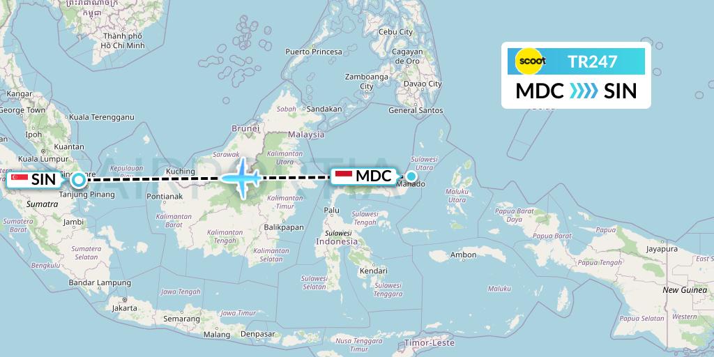 TR247 Tigerair Flight Map: Manado to Singapore
