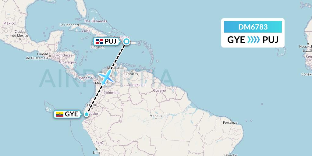 DM6783 Arajet Flight Map: Guayaquil to Punta Cana