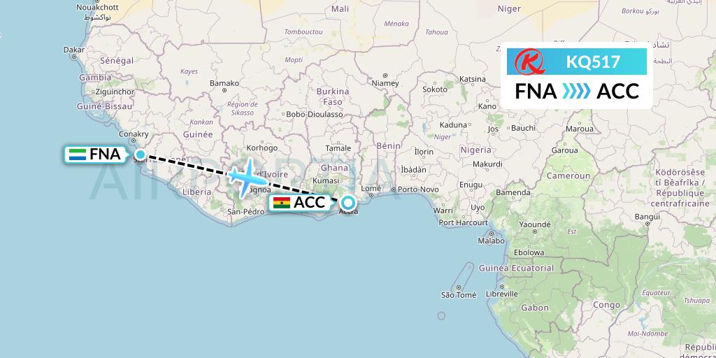 KQ517 Kenya Airways Flight Map: Freetown to Accra