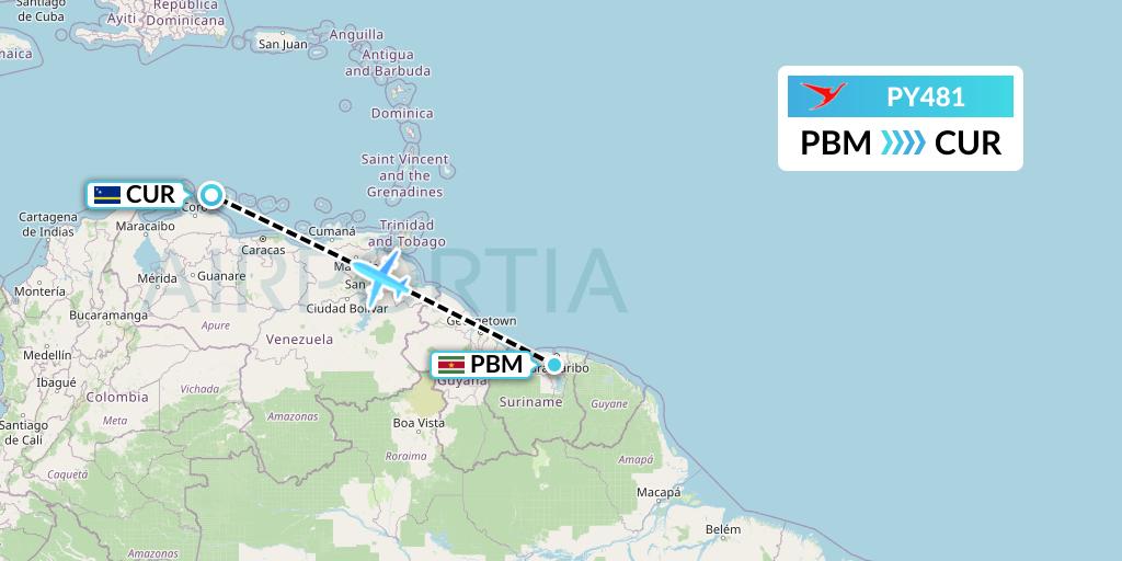 PY481 Surinam Airways Flight Map: Paramaribo to Willemstad