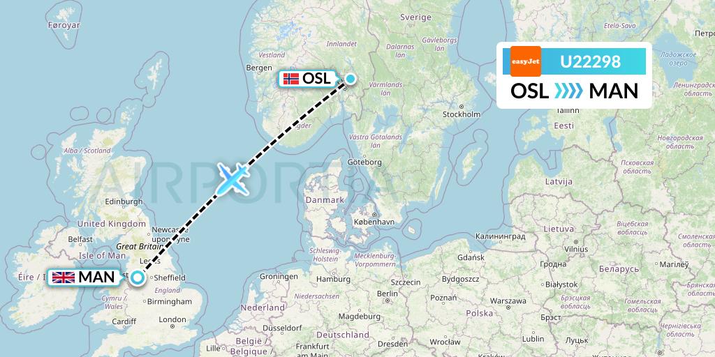 U22298 EasyJet Flight Map: Oslo to Manchester
