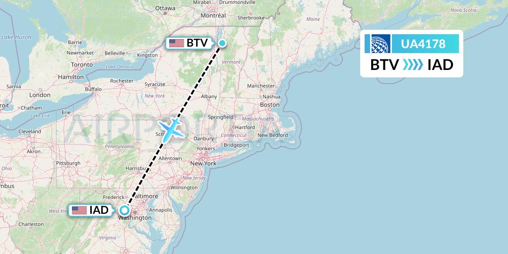 UA4178 United Airlines Flight Map: Burlington to Washington