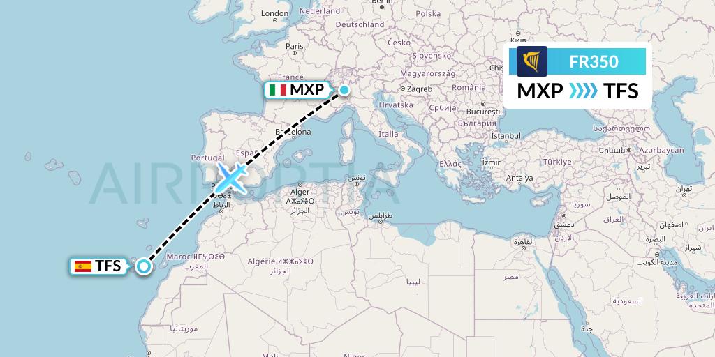 FR350 Ryanair Flight Map: Milan to Tenerife