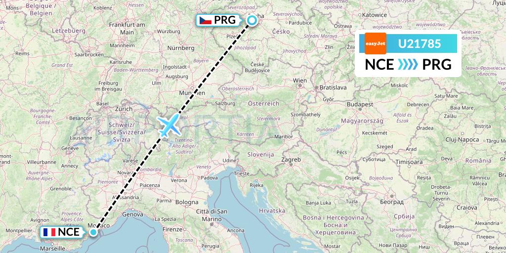 U21785 EasyJet Flight Map: Nice to Prague