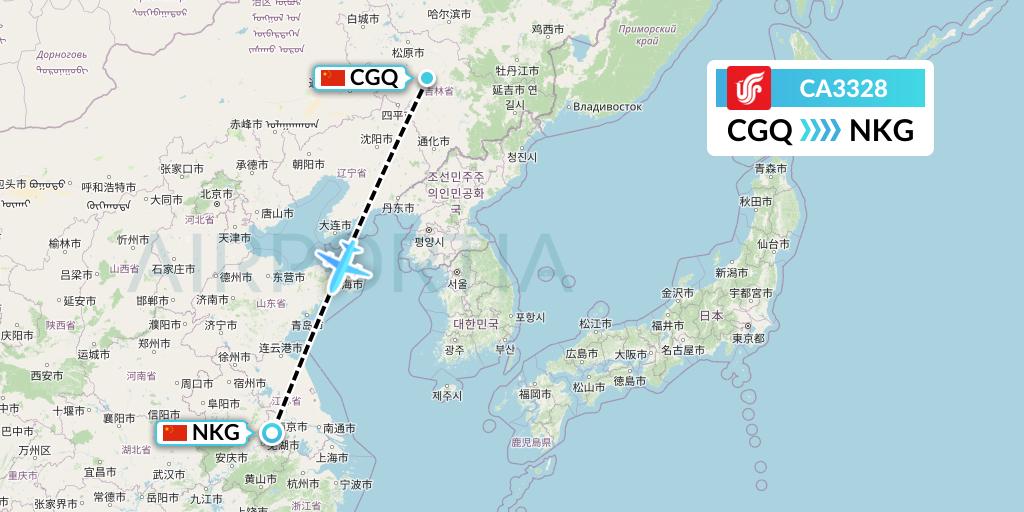 CA3328 Air China Flight Map: Changchun to Nanjing