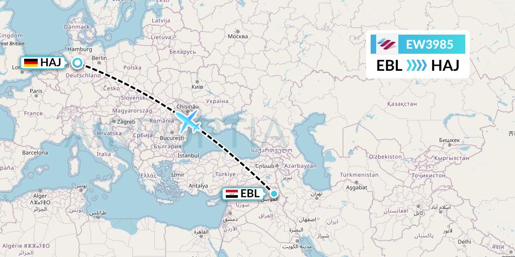 EW3985 Eurowings Flight Map: Arbil to Hannover