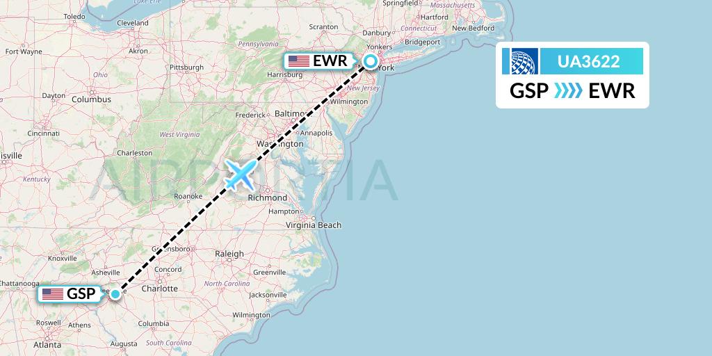 UA3622 United Airlines Flight Map: Greenville-Spartanburg to New York