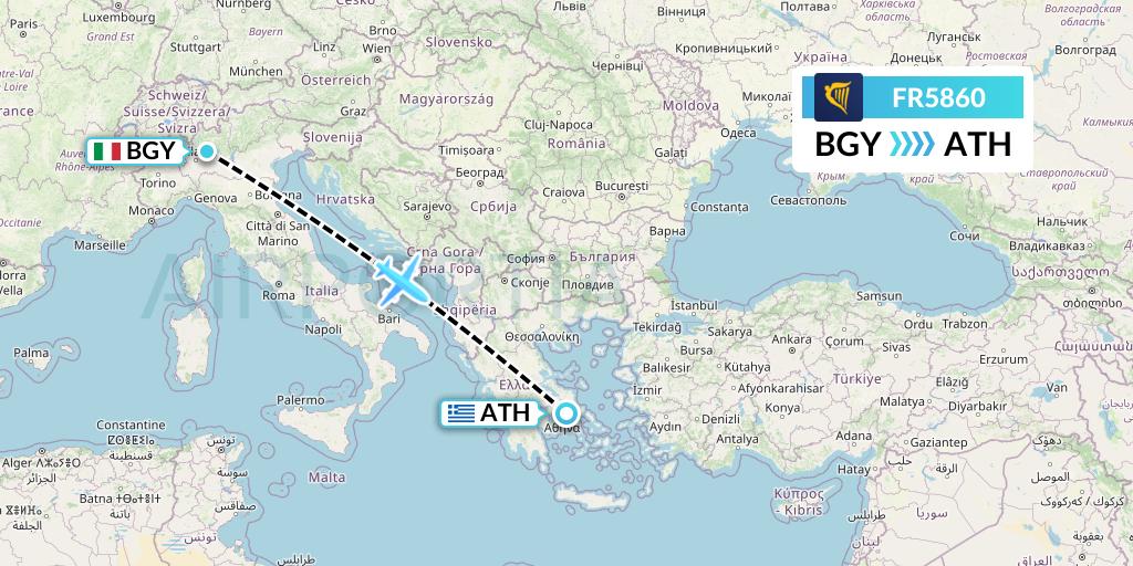 FR5860 Ryanair Flight Map: Milan to Athens