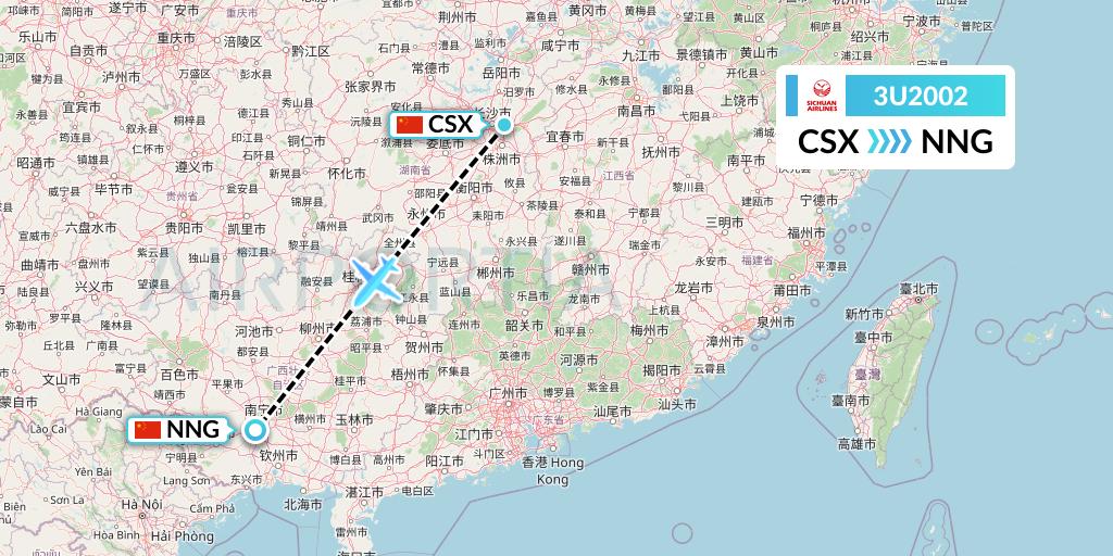 3U2002 Sichuan Airlines Flight Map: Changsha to Nanning