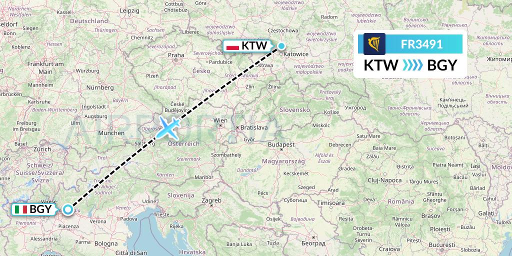 FR3491 Ryanair Flight Map: Katowice to Milan