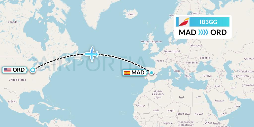 IB3GG Iberia Flight Map: Madrid to Chicago