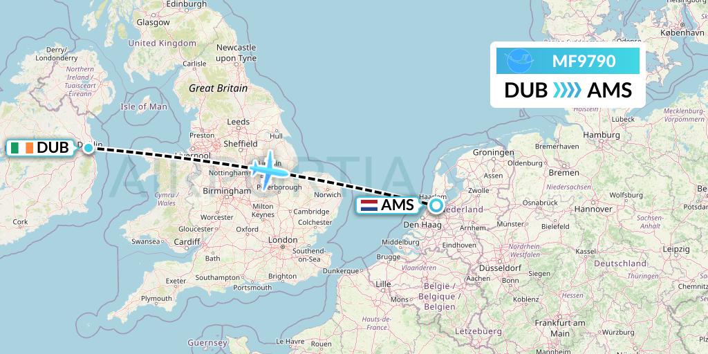MF9790 Xiamen Airlines Flight Map: Dublin to Amsterdam
