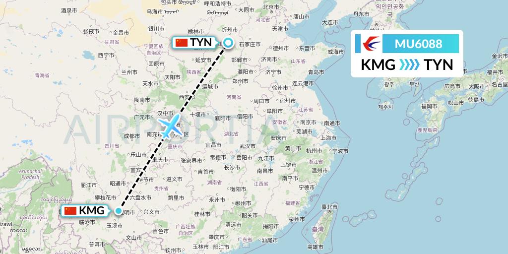 MU6088 China Eastern Airlines Flight Map: Kunming to Taiyuan