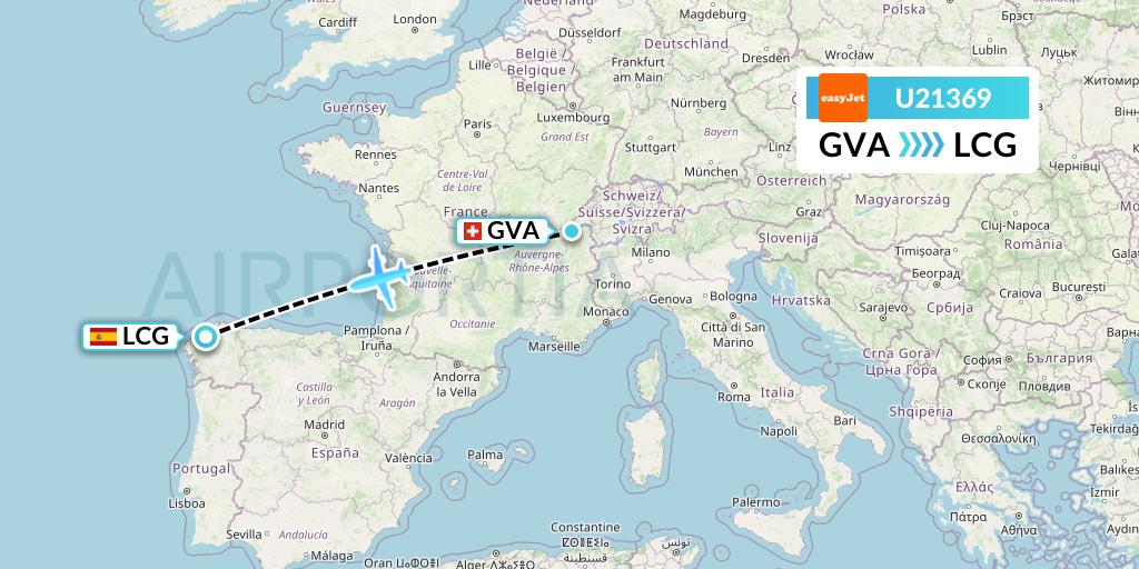 U21369 EasyJet Flight Map: Geneva to A Coruna