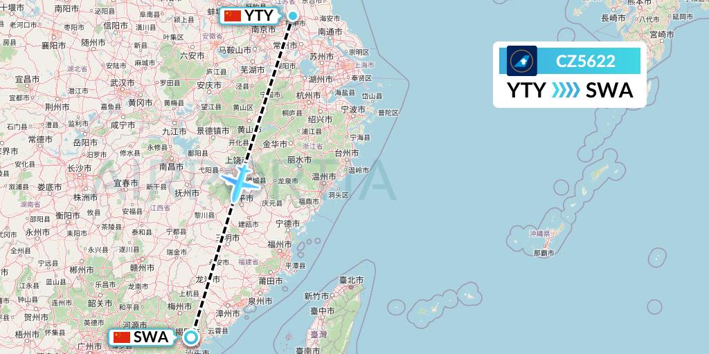 CZ5622 China Southern Airlines Flight Map: Yangzhou to Jieyang