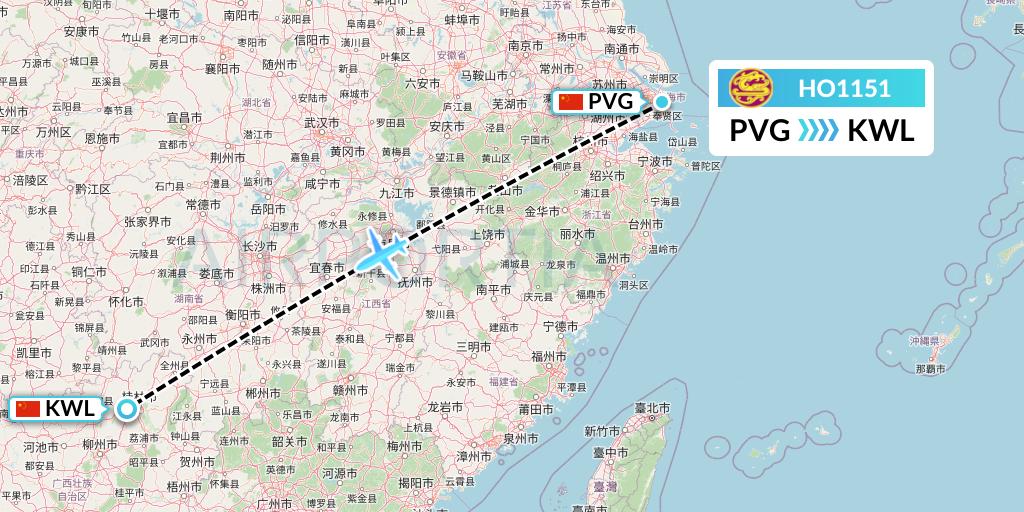 HO1151 Juneyao Airlines Flight Map: Shanghai to Guilin
