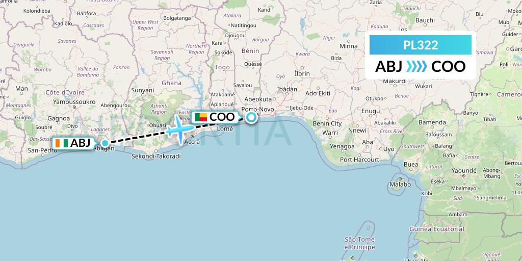 PL322 Southern Air Charter Flight Map: Abidjan to Cotonou