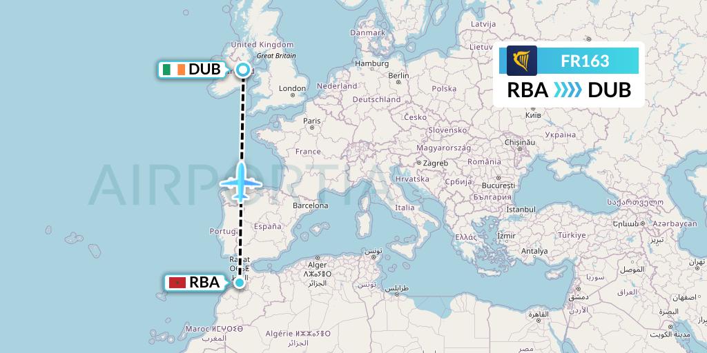 FR163 Ryanair Flight Map: Rabat to Dublin