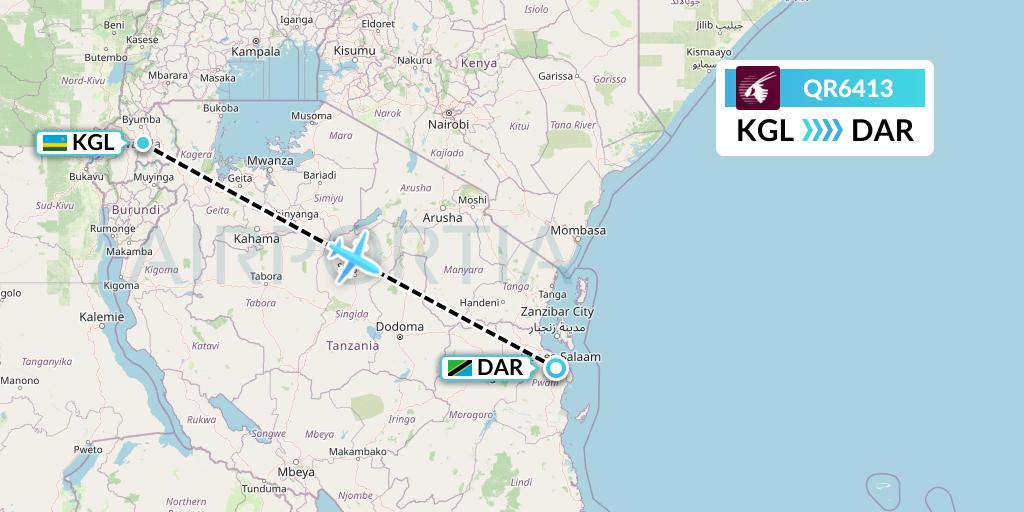 QR6413 Qatar Airways Flight Map: Kigali to Dar-es-Salaam