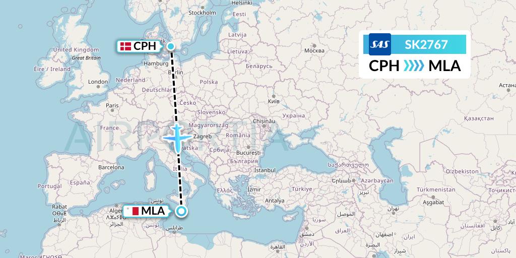SK2767 SAS Flight Map: Copenhagen to Malta