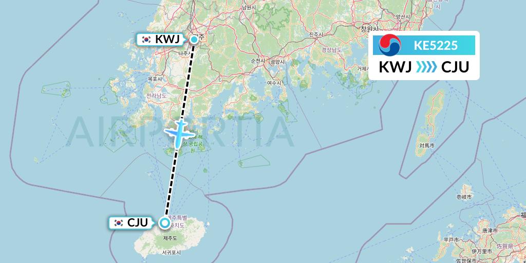 KE5225 Korean Air Flight Map: Gwangju to Jeju