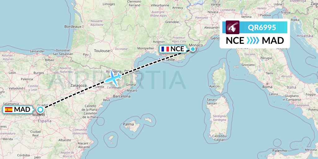 QR6995 Qatar Airways Flight Map: Nice to Madrid