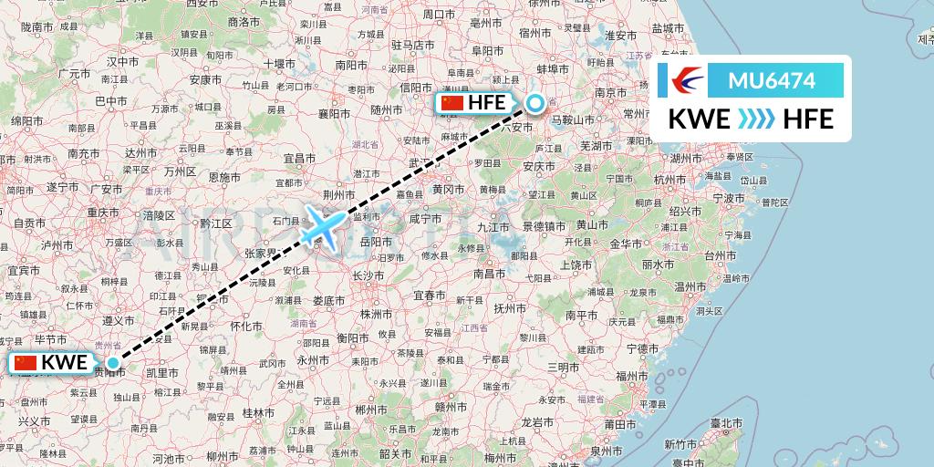 MU6474 China Eastern Airlines Flight Map: Guiyang to Hefei