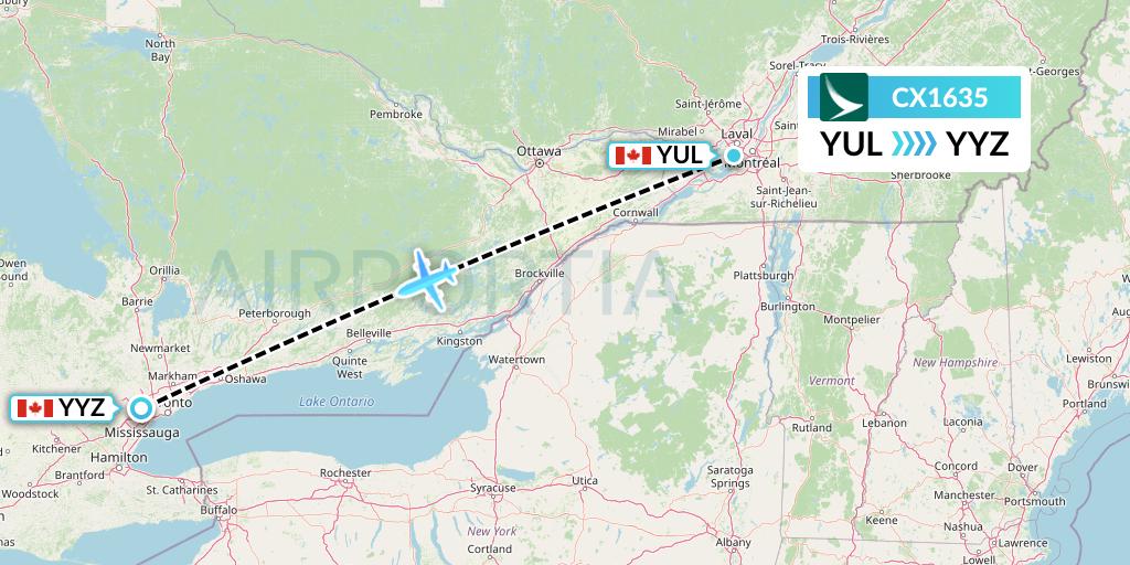 CX1635 Cathay Pacific Flight Map: Montreal to Toronto