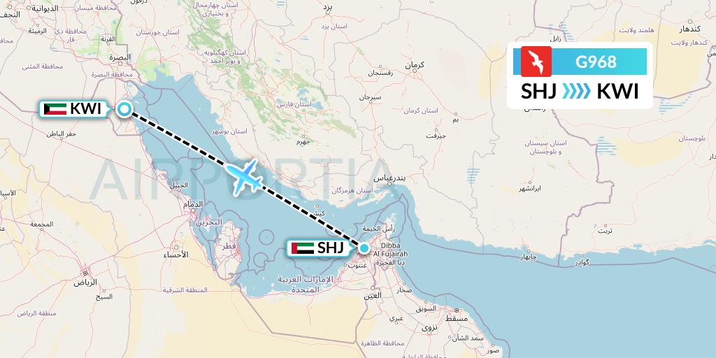 G968 Air Arabia Flight Map: Sharjah to Kuwait City