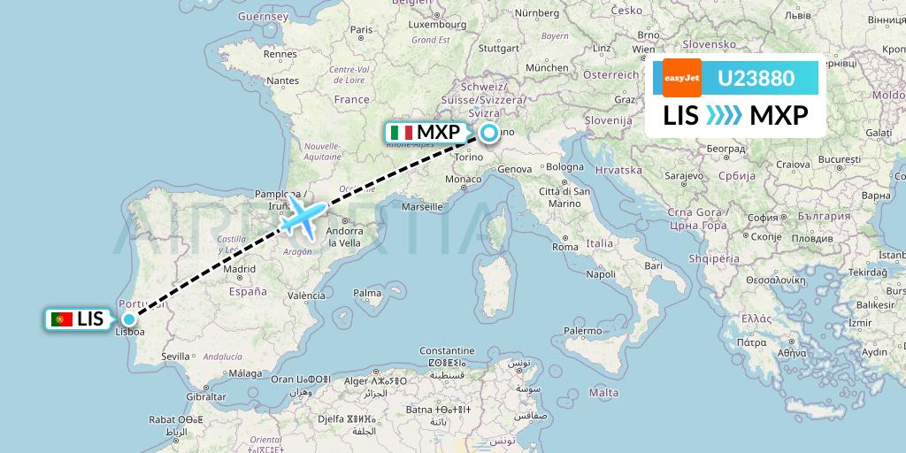 U23880 EasyJet Flight Map: Lisbon to Milan