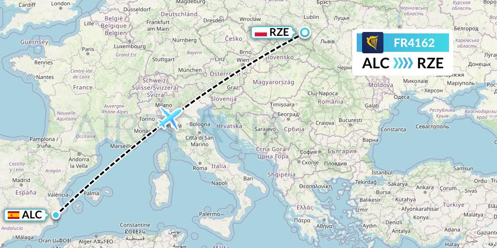 FR4162 Ryanair Flight Map: Alicante to Rzeszow