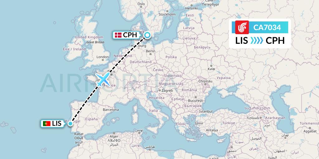 CA7034 Air China Flight Map: Lisbon to Copenhagen