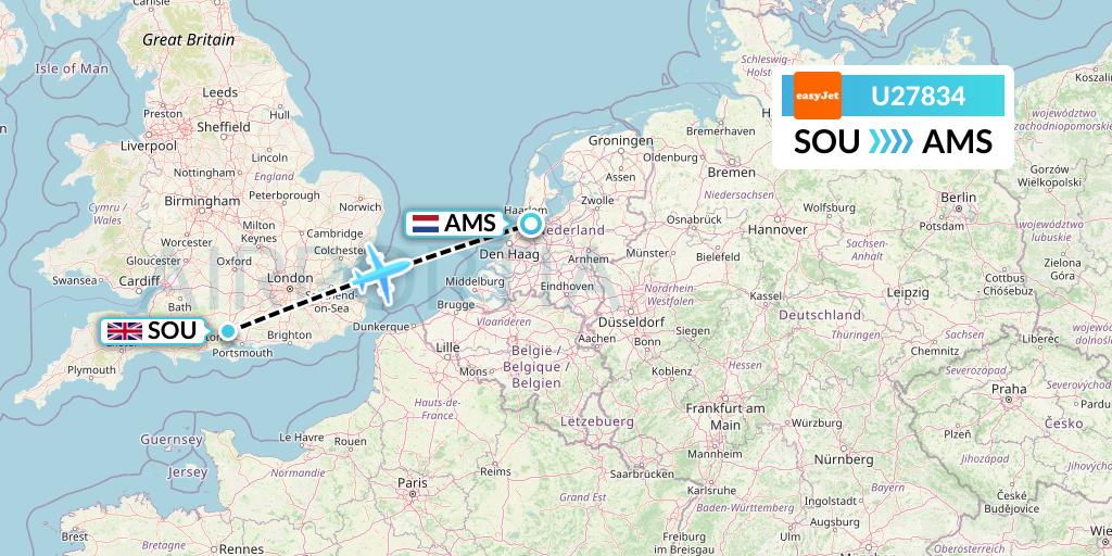 U27834 EasyJet Flight Map: Southampton to Amsterdam