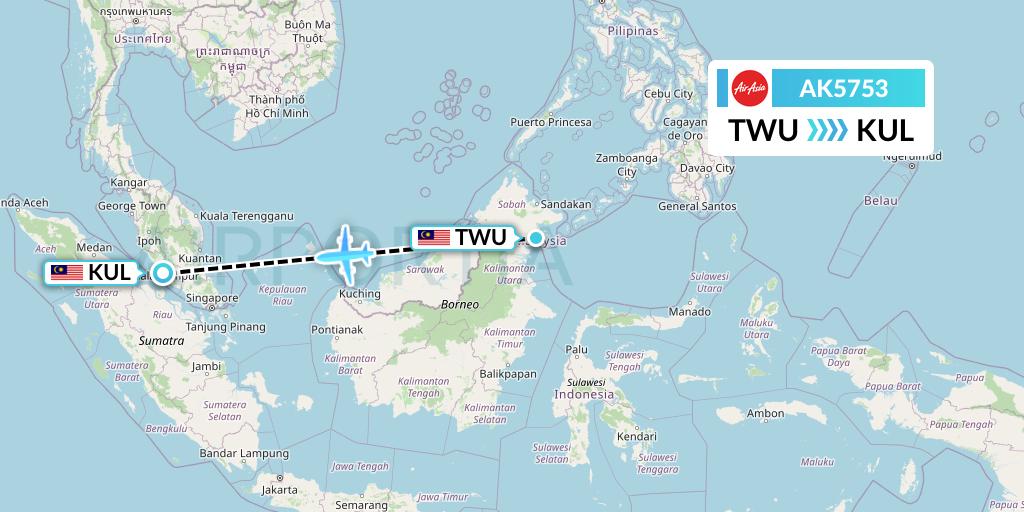 AK5753 AirAsia Flight Map: Tawau to Kuala Lumpur