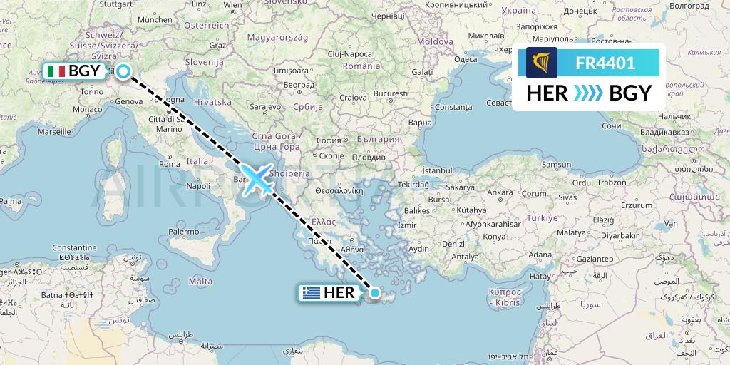 FR4401 Ryanair Flight Map: Heraklion to Milan