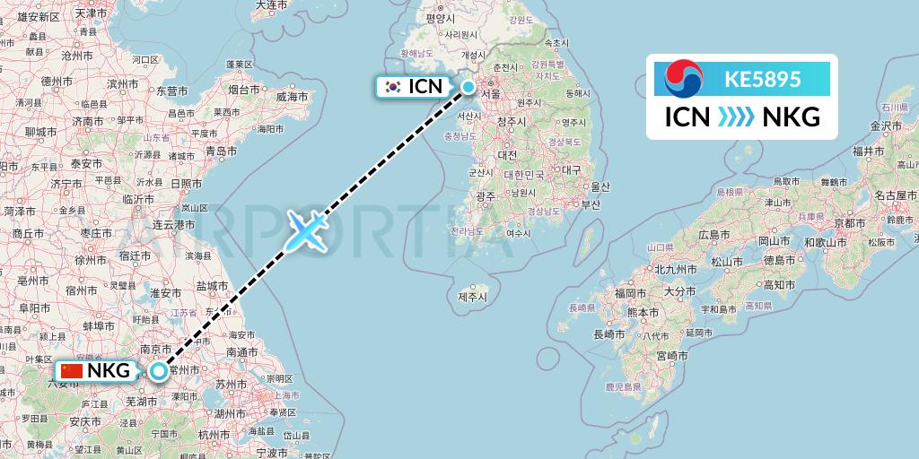 KE5895 Korean Air Flight Map: Seoul to Nanjing