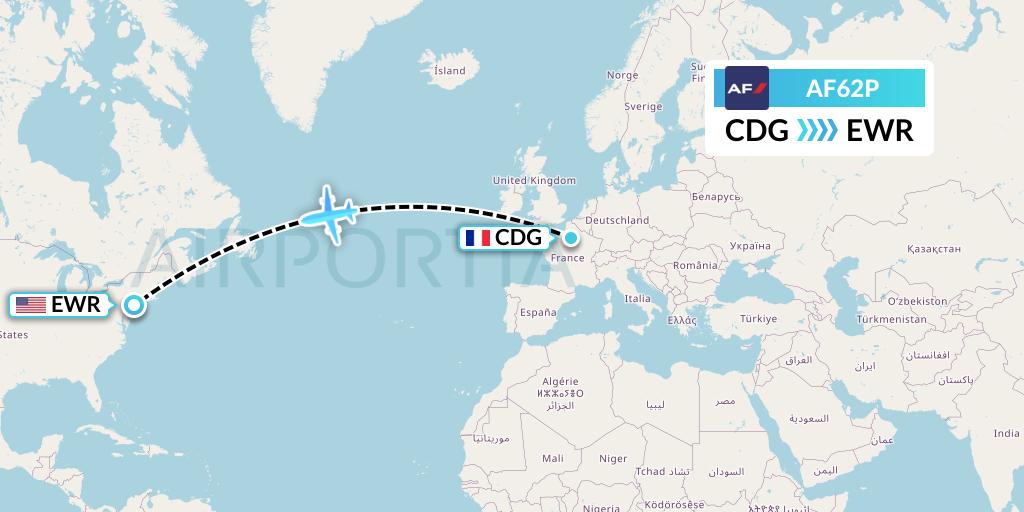 AF62P Air France Flight Map: Paris to New York