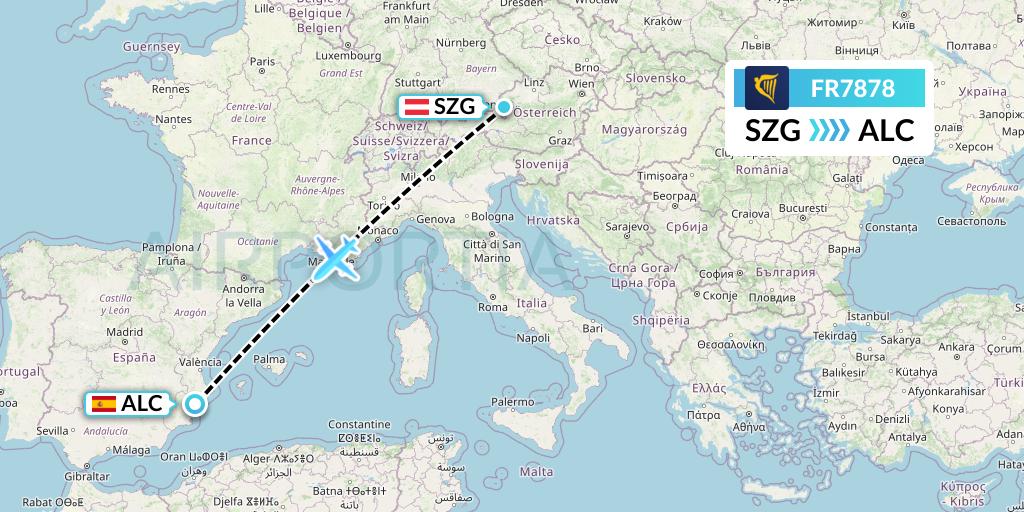 FR7878 Ryanair Flight Map: Salzburg to Alicante