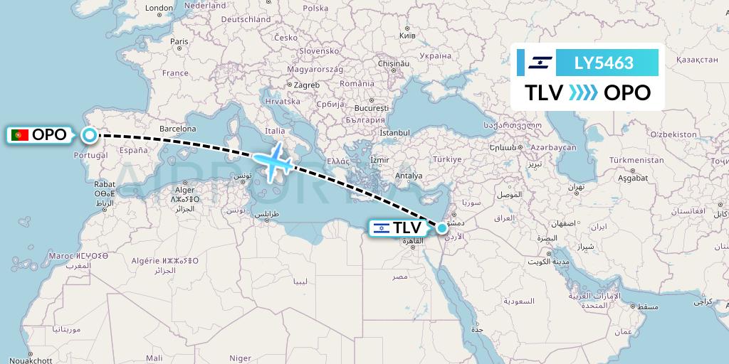 LY5463 El Al Flight Map: Tel Aviv to Porto