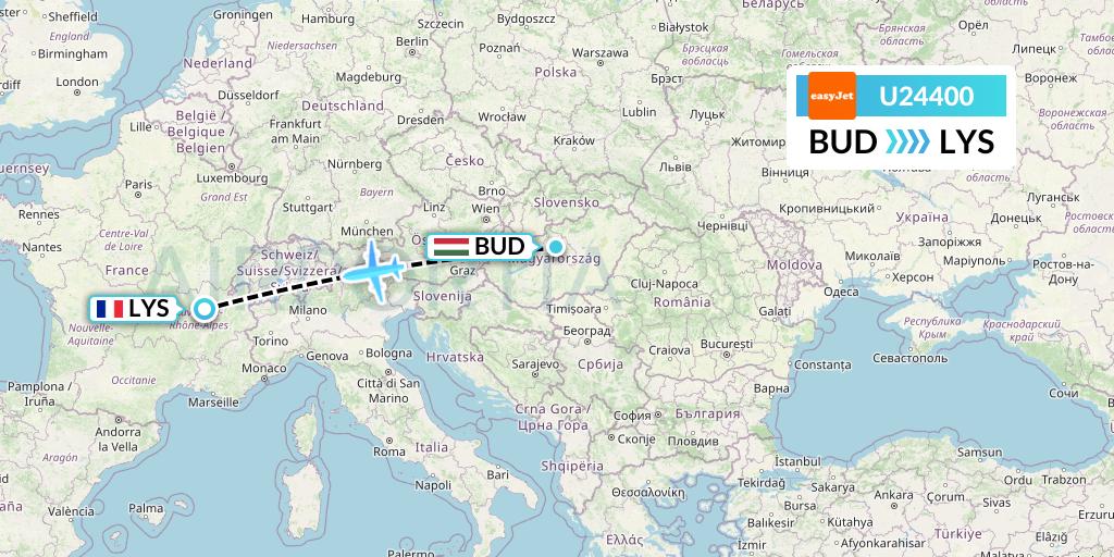 U24400 EasyJet Flight Map: Budapest to Lyon