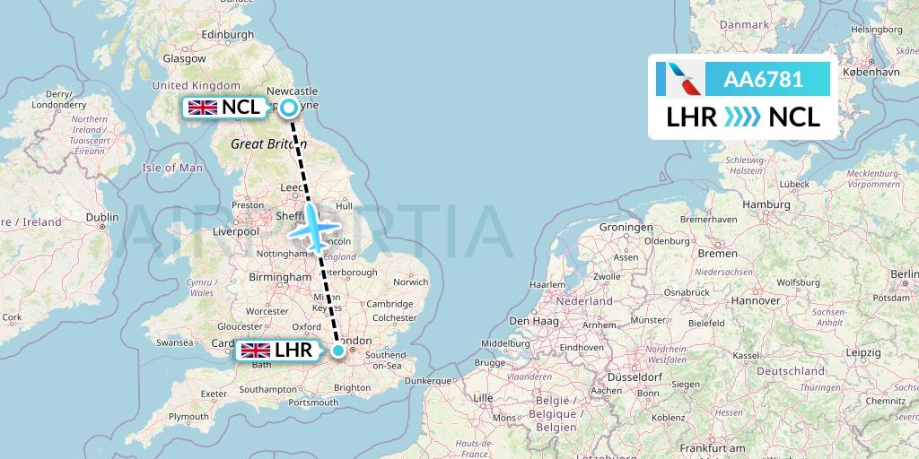 AA6781 American Airlines Flight Map: London to Newcastle