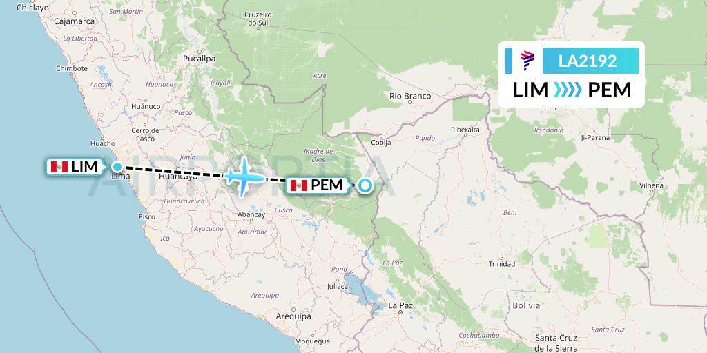 LA2192 LAN Airlines Flight Map: Lima to Puerto Maldonado