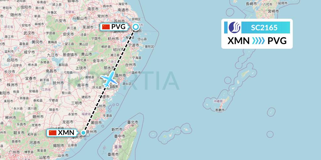 SC2165 Shandong Airlines Flight Map: Xiamen to Shanghai
