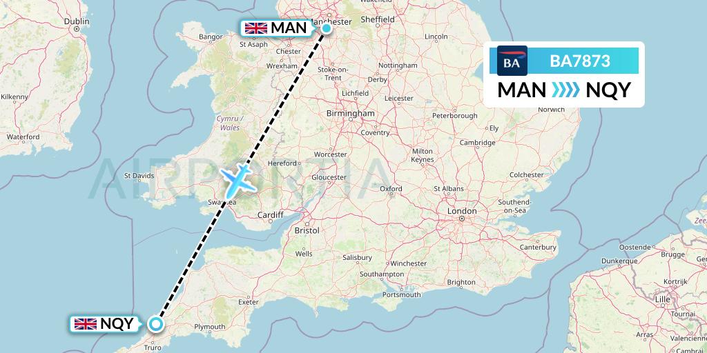 BA7873 British Airways Flight Map: Manchester to Newquay