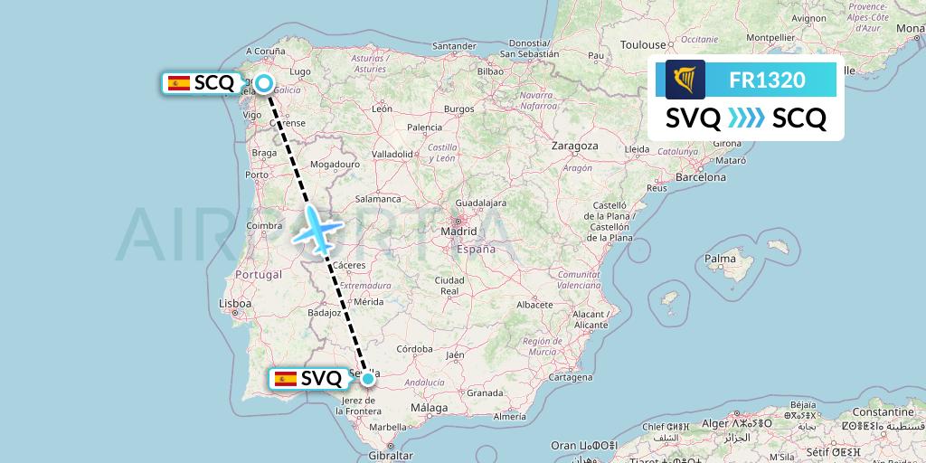 FR1320 Ryanair Flight Map: Seville to Santiago