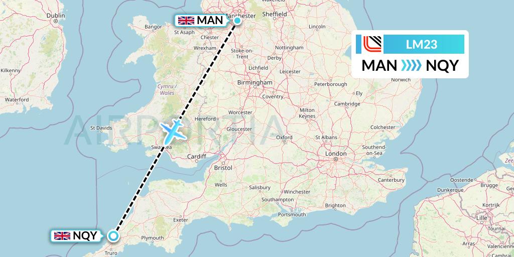LM23 Loganair Flight Map: Manchester to Newquay